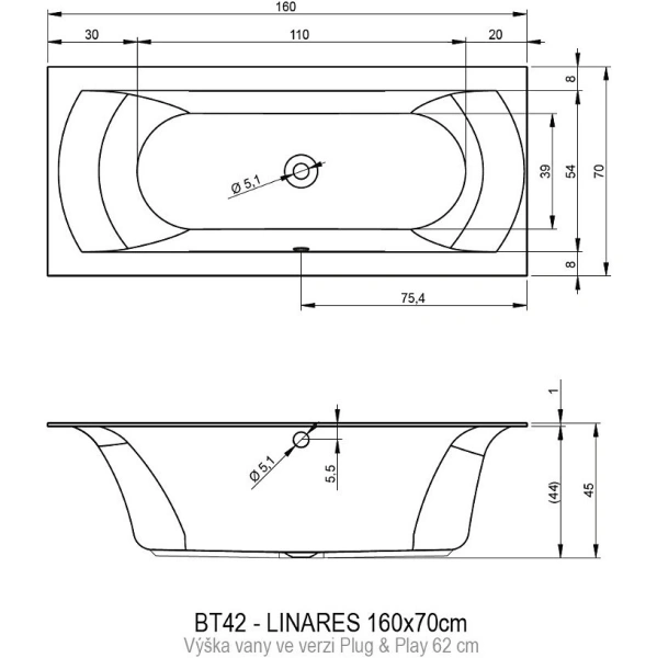акриловая ванна riho linares 160х75 r b140007005 (bd5100500000000) без гидромассажа