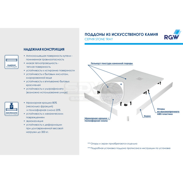 душевой поддон из искусственного камня rgw str-099w 90×90 16153099-01 белый