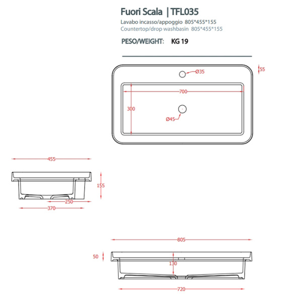 artceram fuori scala раковина 80х45 см, с 1 отв., встраиваемая, без перелива, цвет: белый
