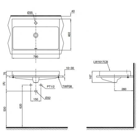 раковина toto mh lw1617c полувстраиваемая, с 1 отв., без перелива, cefiontect, 70x46x16.7 см, белая
