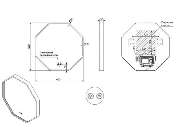 зеркало в ванную с подсветкой esbano es-3311sd 60x60 см для ванной комнаты восьмигранное, со встроенной led подсветкой с регулировкой цветовой температуры, с подогревом полотна (антизапотеванием), с сенсорным выключателем