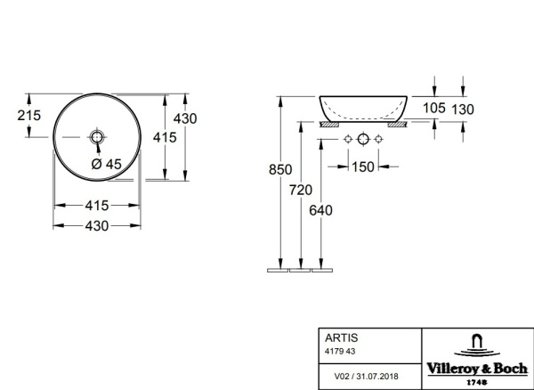 раковина villeroy & boch artis 417943bcw3 накладная, ø43 см, mint (мятный) с покрытием ceramicplus