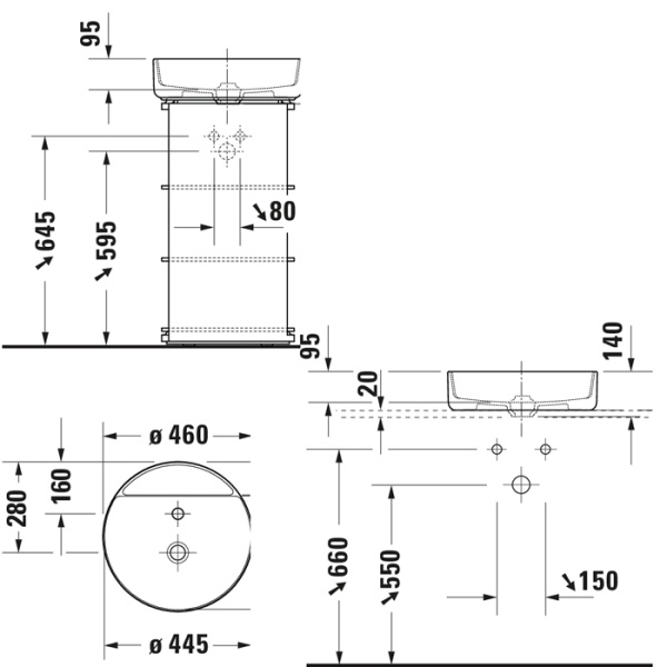 раковина duravit bento starck box 2380462071 накладная ø46 см, с 1 отв под смеситель, белая с покрытием hygieneglaze