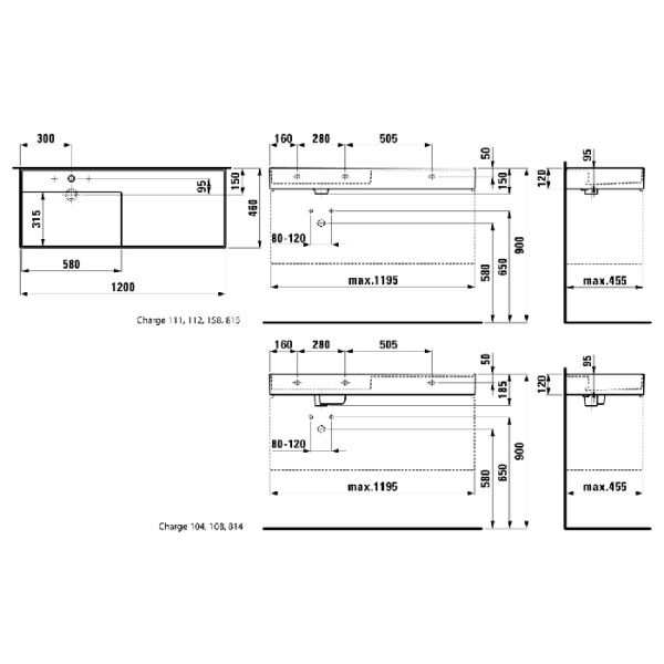 раковина 120х46х12cм laufen kartell8.1333.2.000.108.1, с 3 отв., полка справа, цвет: белый