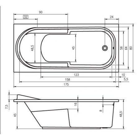 акриловая ванна riho columbia 175x80 b003001005 (ba0400500000000) без гидромассажа