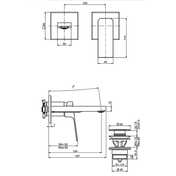 cмеситель fima carlo frattini fit f3391wx8ns для раковины, встраиваемый, излив 15.4 см, с донным клапаном, чёрный матовый