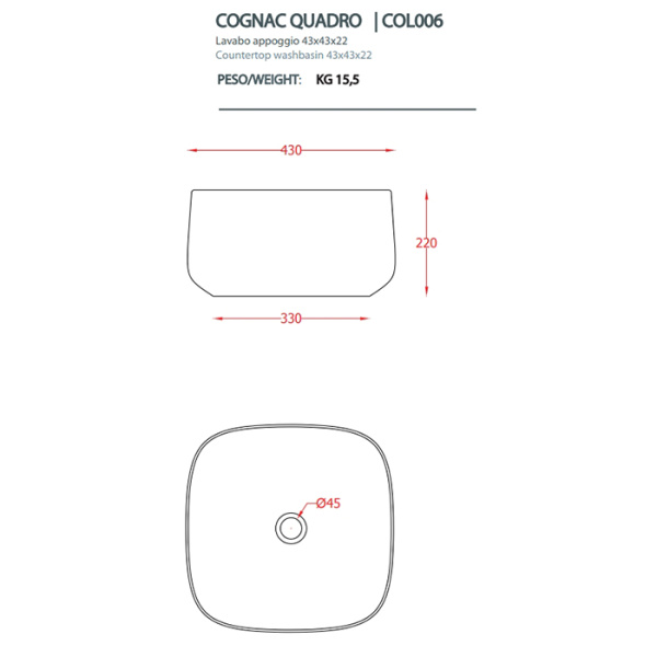 раковина artceram cognac quadro col006 01 34 накладная, без отв., без перелива, на столешницу, saniglaze, 43x43xh22.5 см, белый