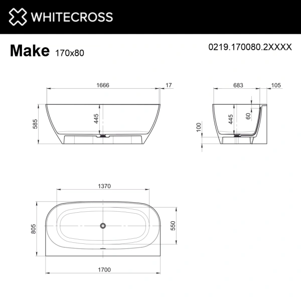 ванна whitecross make 0219.170080.2xxxx пристенная, композит, 170x80 см, перелив по центру, по ral
