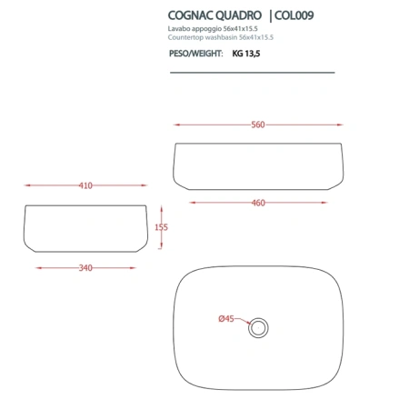 раковина artceram cognac quadro col009 95 00 накладная, без отв., без перелива, на столешницу, saniglaze, 56x41xh15.5 см, mint
