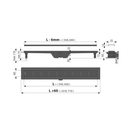 душевой лоток alcaplast apz10black 550 с решеткой и опорами