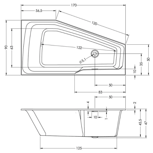 акриловая ванна riho rething space b114005005 l, 170x90
