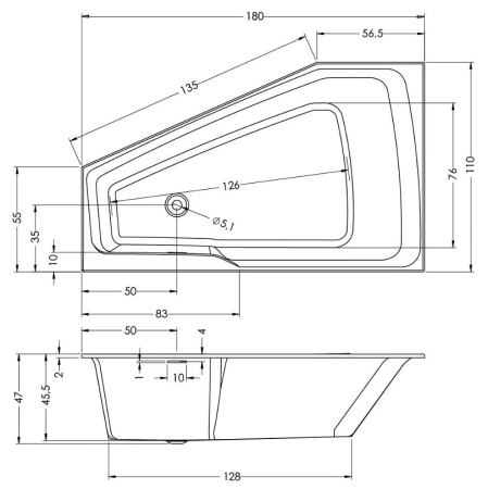 акриловая ванна riho rething space b115005005 r, 180x110