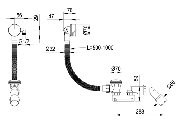 слив-перелив для ванны boheme 631-mg 50 мм, клик-клак, matt gold, с сифоном