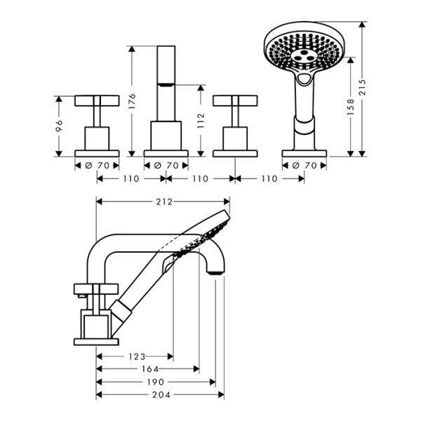 смеситель axor citterio на борт ванны, на 4 отв., с ручным душем, цвет: сталь