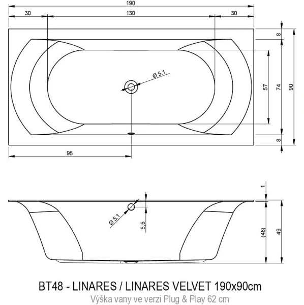 акриловая ванна riho linares 190х90 r b143016005 (bd5700500000000) без гидромассажа