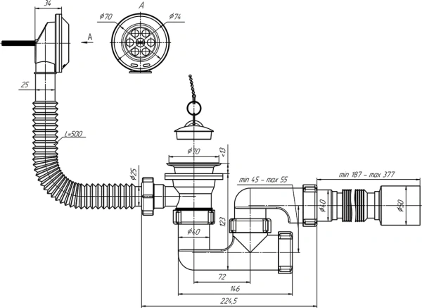 слив-перелив для ванны ани пласт e255 40 мм, хром, с сифоном