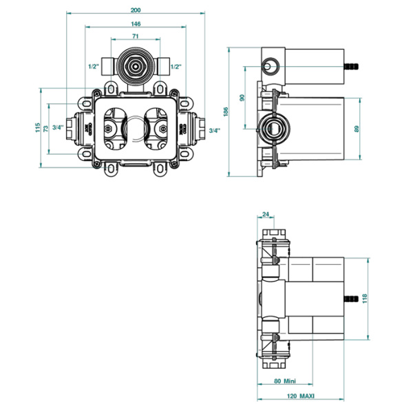 встраиваемая часть thg g00-a00-5500ae термостата с вентилем/переключателем на 2 положения