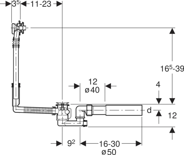 слив-перелив geberit 150.520.21.1 52 мм, полуавтомат, хром, с сифоном