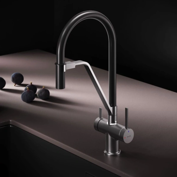 смеситель для кухни am.pm func f8f07812 coolstart, с подключением к фильтру, гибким изливом, сатин/черный
