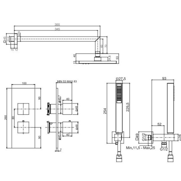 душевой комплект fima carlo frattini wellness f4419cr на 2 источника: верх душ, терм смес со встр частью, руч душ с шлангом и держ. с подводом воды, цвет хром