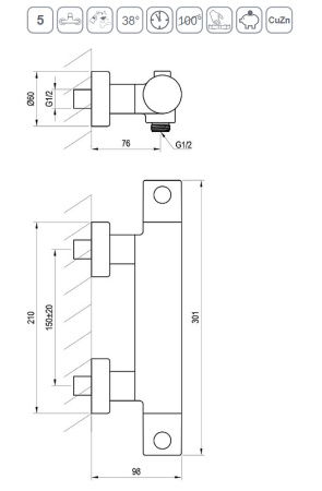 смеситель для душа ravak puri pu 033.20/150 x070188 с термостатом, черный матовый